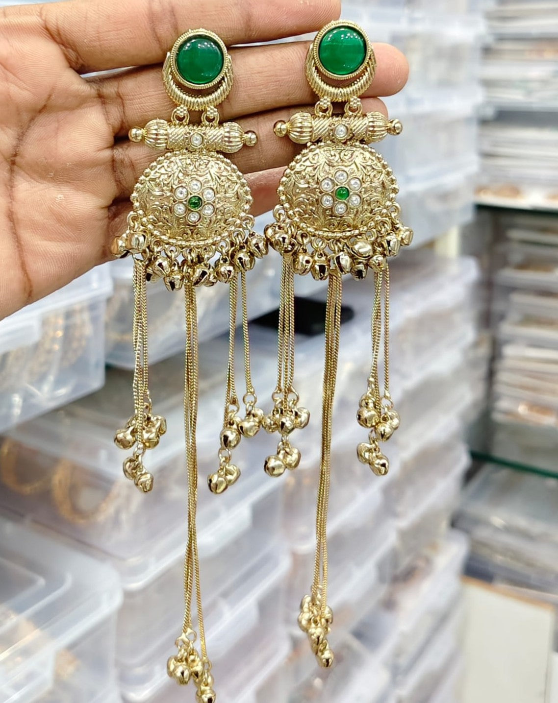 Kashmiri Style Green Long Earrings